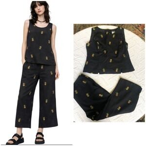Y2K Pineapple Embroidered Resort Set 2Pc Tank Capri Plaza South 10 P Linen Blend
